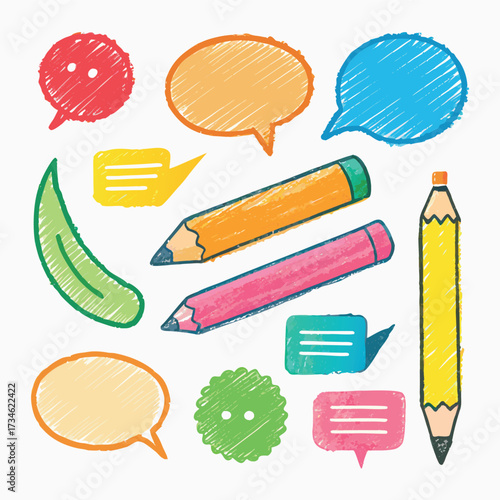 Colorful doodle illustration with pencils, speech bubbles, stars, and sketchy hand-drawn style