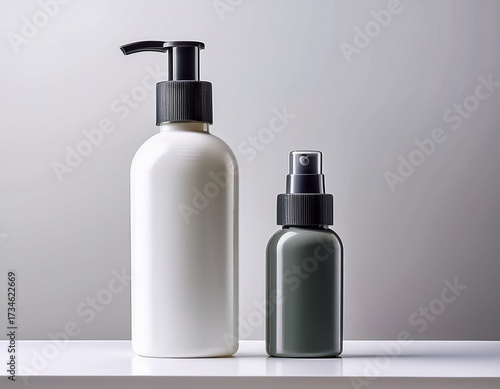 minimalistic white cosmetic bottles with dispenser and cap isolated on white background suitable for skincare packaging or branding visuals