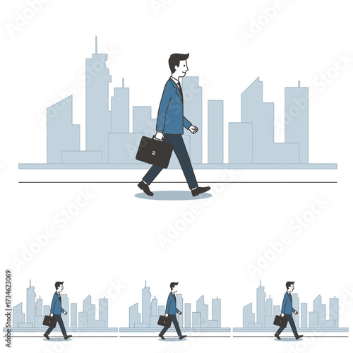 An illustration of a businessman in a blue suit walking with a briefcase in front of a modern city skyline.