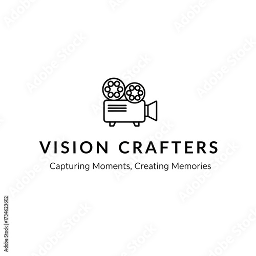 Black and white logo for Vision Crafters featuring a vintage film camera icon above the company name and tagline 'Capturing Moments, Creating Memories'.