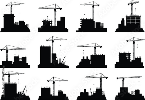 Construction, Site, Crane, Building, Tower, Framework, Structure, Industrial, Project, Development, Architecture, Engineering, Worker, Safety, Urban, City, Equipment, Vector, Icon, Silhouette