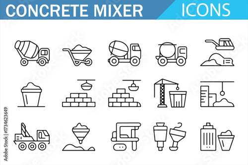 Concrete Mixer & Cement Truck Outline Icons Set