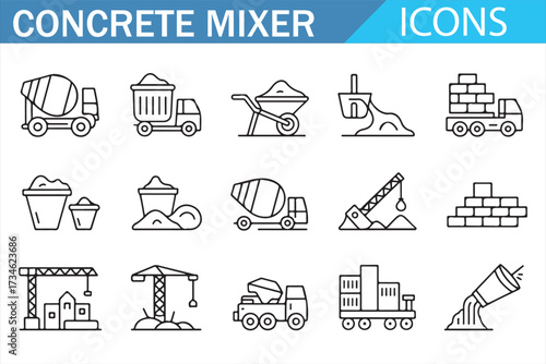 Concrete mixer and construction equipment line icons set — cement truck, wheelbarrow, crane, bricks, sand, tools and industrial symbols — minimal outline style illustration for building industry
