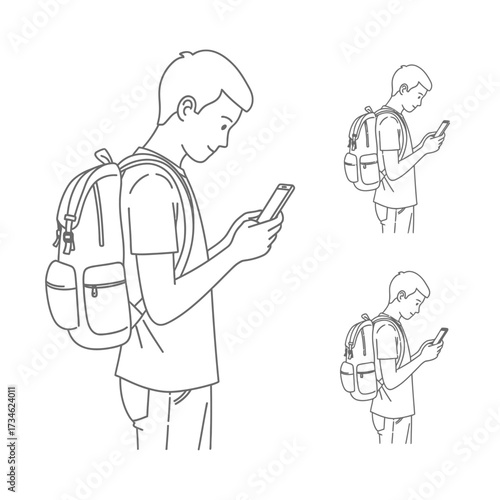 Line drawing of a young person with a backpack looking at a smartphone.