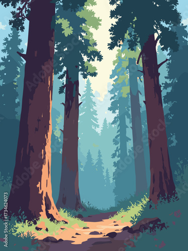 General Sherman Grove, Sequoia NP, USA – giant sequoia trunks and needle-strewn forest floor with dappled light, no people