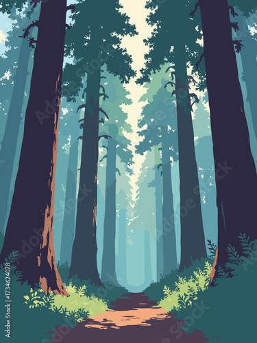 Redwood Avenue, California, USA – cathedral coastal redwood trunks rising vertically with fern understory, no people