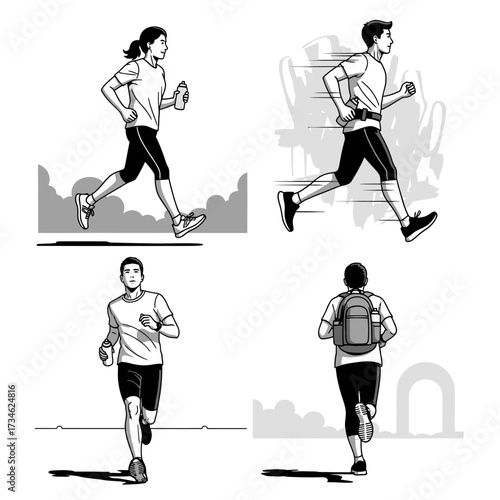 Four illustrations of people running in different poses and settings, showcasing various aspects of the activity.