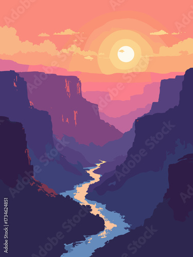 Grand Canyon, USA – sunrise over layered red cliffs with the Colorado River ribboning through the gorge, high contrast rock strata, no people