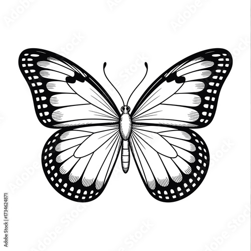 Detailed black and white sketch of a monarch butterfly