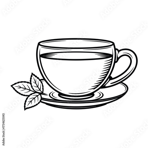 Hand drawn sketch of a cup of tea with mint leaves
