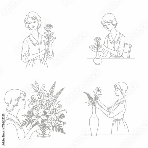 A woman arranging flowers in a vase, depicted in four sequential line art illustrations.
