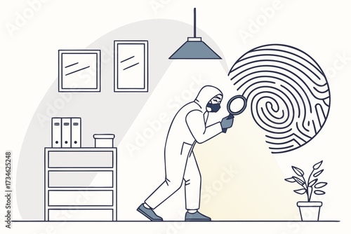 Investigator studying a fingerprint with magnifying glass at crime scene