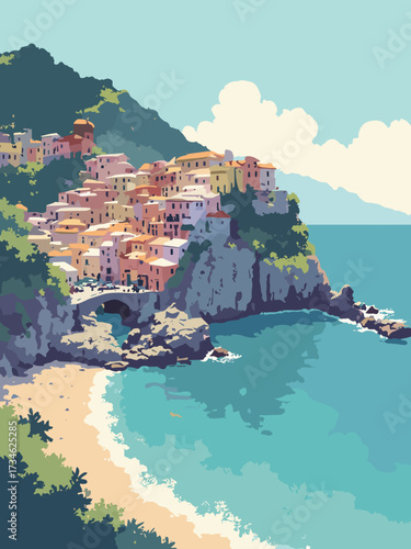 Vernazza, Cinque Terre, Italy – pastel cliff harbor and pebble beach with terraced vineyards rising behind, no people