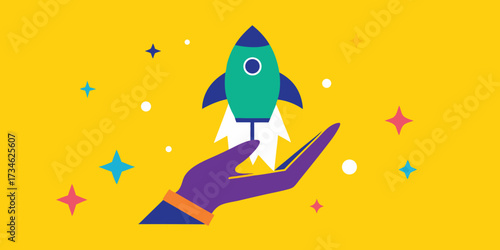 Hand holding rocket ship to launch new business venture and innovation