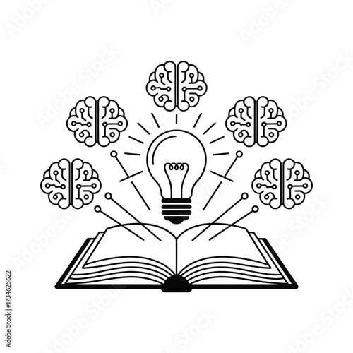 Open book with lightbulb and brains symbolizing knowledge and ideas