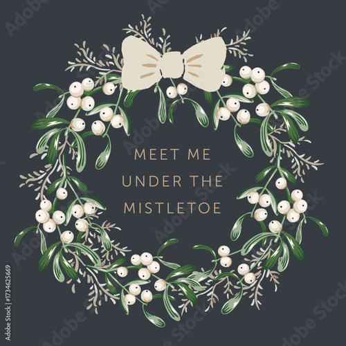 Christmas wreath with text, black background. Mistletoe, twigs, white bow. Vector illustration. Nature design. Greeting card, poster template. Winter season holidays