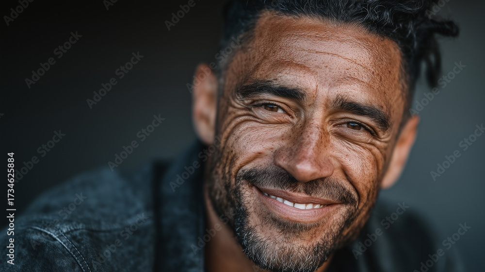 Fototapeta premium Authentic and radiant portrait of a cheerful, diverse man with dreadlocks, smiling genuinely and exuding positive energy and confidence against a soft, blurred background