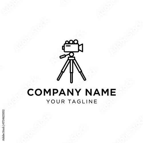 Minimalist line art logo featuring a vintage film camera on a tripod, with placeholder text for company name and tagline, on a white background.
