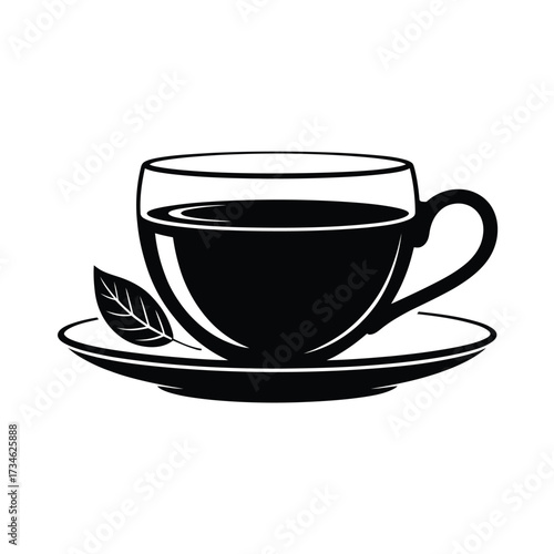 Black and white illustration of a cup of tea on a saucer with a leaf