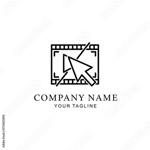 A minimalist line art logo of a mouse cursor on a film strip for a company.