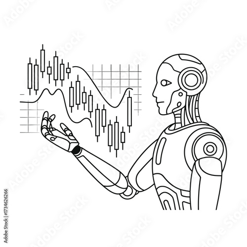 Robot analyzing financial stock market data charts with candlestick patterns