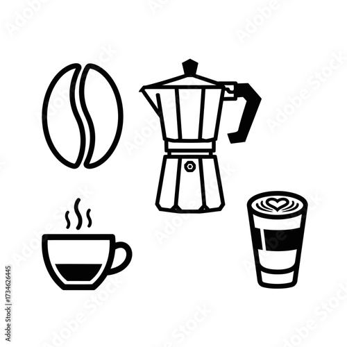 Black and white illustration of coffee bean, moka pot, cup, and latte art.