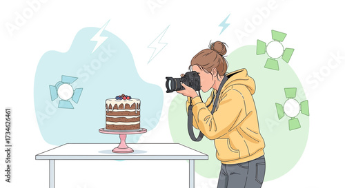 A dedicated food photographer capturing the essence of a delicious cake in a studio setting