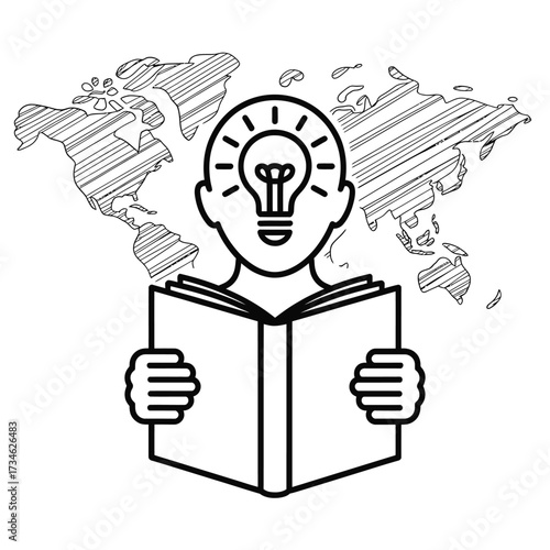 Person reading a book with a lightbulb idea above their head and world map background