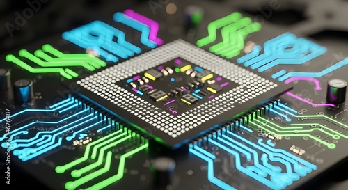 Close-up of a futuristic computer processor with glowing blue and green circuits, symbolizing advanced technology and data processing