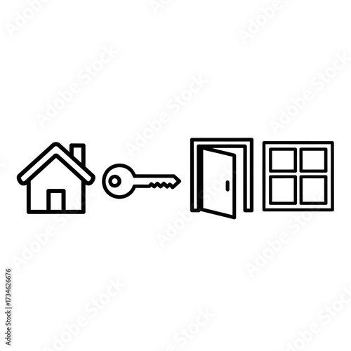 Line art illustration of a house, key, door, and window in a row.