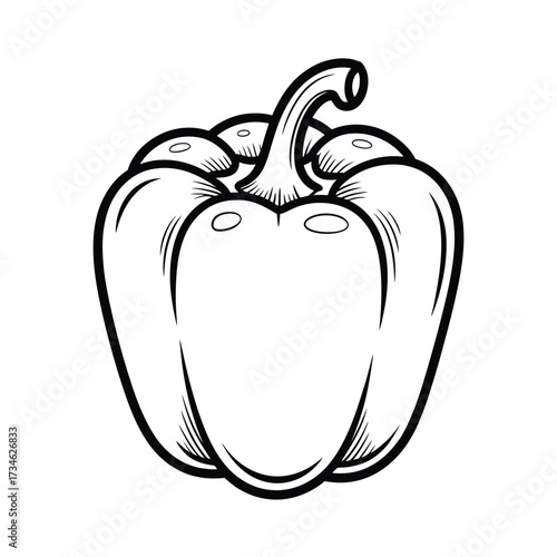 Black and white line drawing of a bell pepper vegetable