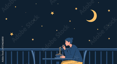 A serene night scene depicting a woman enjoying noodles under the starry sky and crescent moon