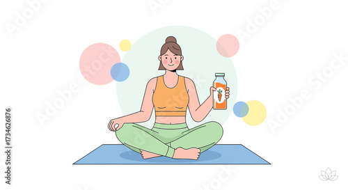 A serene woman meditating with carrot juice enhancing healthy lifestyle vibes with mindfulness