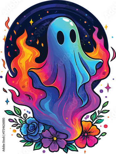 Mystical ghost with fiery colors, floral accents, dark starry background, supernatural Halloween theme, vibrant spectral figure, colorful spooky festive vector illustration