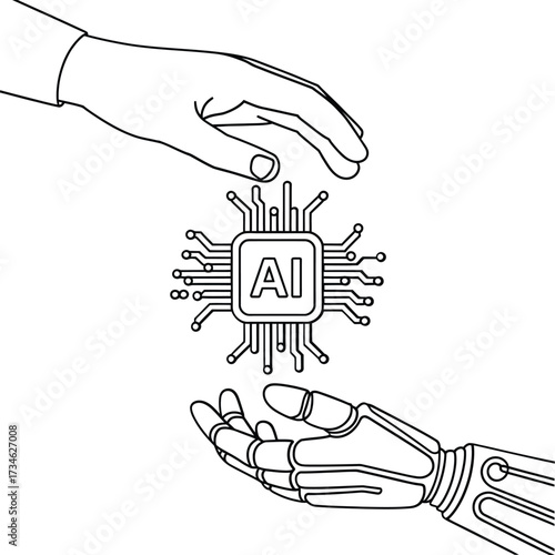 Human and robot hands connect over ai chip symbolizing technology and future