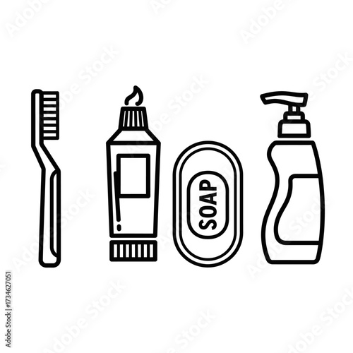 Line art illustration of toothbrush, toothpaste, soap bar, and liquid soap dispenser.