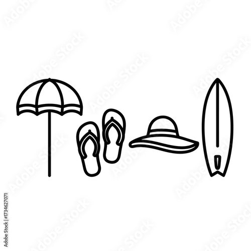 Outlined beach scene featuring an umbrella, flip-flops, a hat, and a surfboard, perfect for summer.