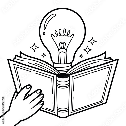 Open book with light bulb idea and hand illustration
