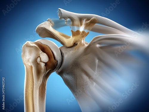 Clean anatomical illustration of acromioclavicular joint injury, complete ligament tear with displaced clavicle above acromion, precise red marker highlighting AC joint separation and shoulder trauma.