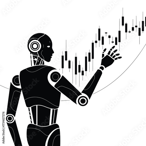 Robot analyzing stock market financial trading chart data