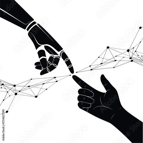 Human and robot hands connecting digital network points