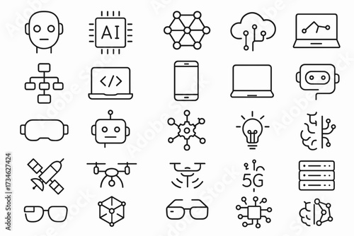 Futuristic Technology and Artificial Intelligence Linear Icons Set