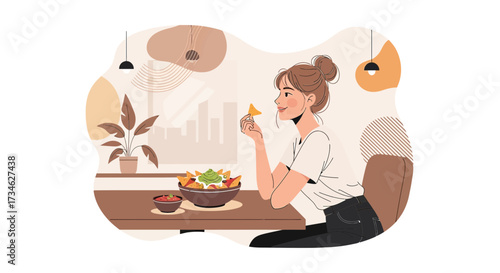 A young woman enjoying nachos with guacamole and salsa at a restaurant with warm light and modern