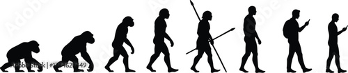 Black silhouette human evolution from ape to modern man using smartphone — vector illustration for science, education, tech design, biology, and advertising projects.