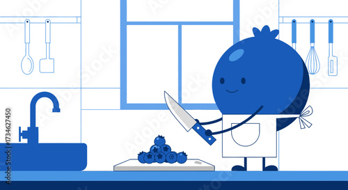 Adorable blueberry character preparing to cut a pyramid of blueberries in kitchen scene