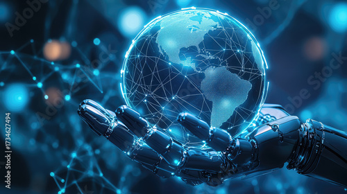 robotic hand holds glowing 3D globe, symbolizing technology and connectivity. intricate network design represents global communication and innovation