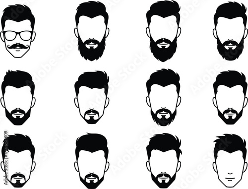 Men hairstyle and beard vector set, male face silhouette with mustache, trendy haircut styles, hipster fashion grooming illustration design