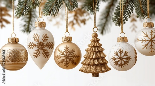 Christmas ornaments hanging on tree branch with snowflakes