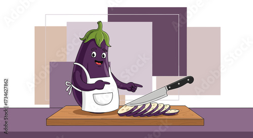 Animated eggplant chef preparing a dish with knife, cartoon illustration vector
