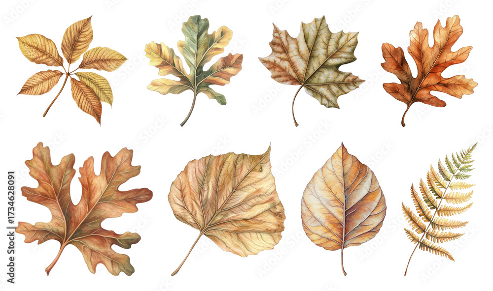 Obraz premium Illustrated autumn leaves collection.
